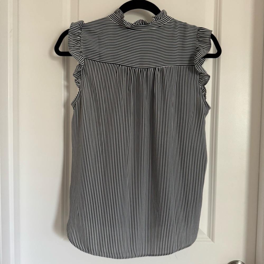 LOFT Ruffled Black and White Striped Sleeveless Blouse, SP - Picture 2 of 10
